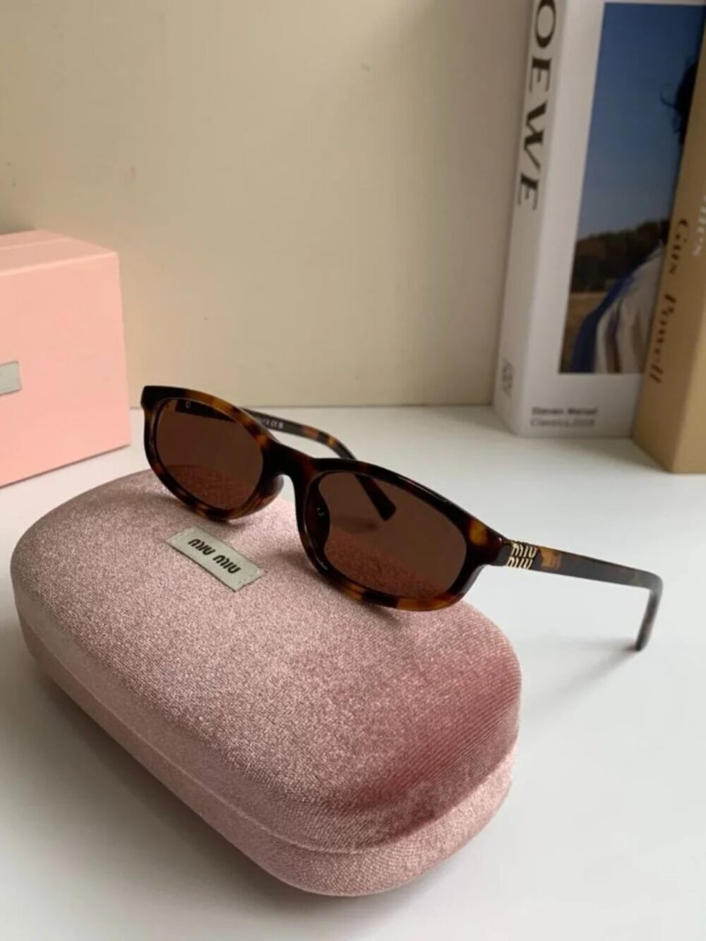 MIU MIU Tortoise Shell Oval Sunglasses Brown Lens Gold Logo